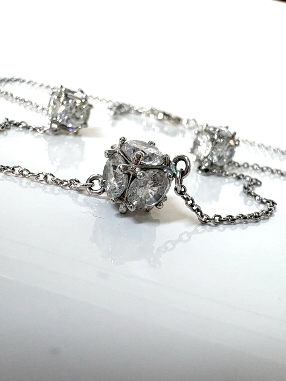Vintage Silver Tone Multi-Prong CZ Orb Statement Chain Necklace